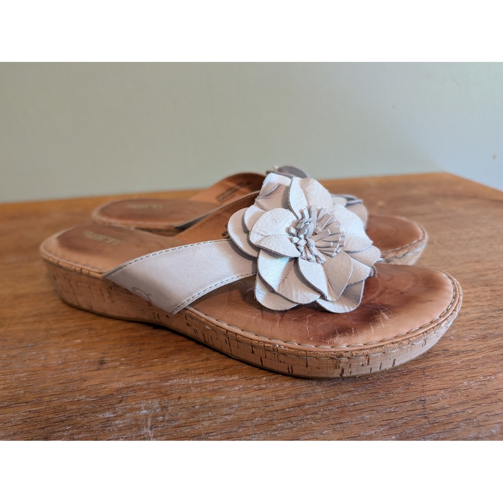 Born Leather Flower Wedge Sandals White Cork Platform Slides Size 9